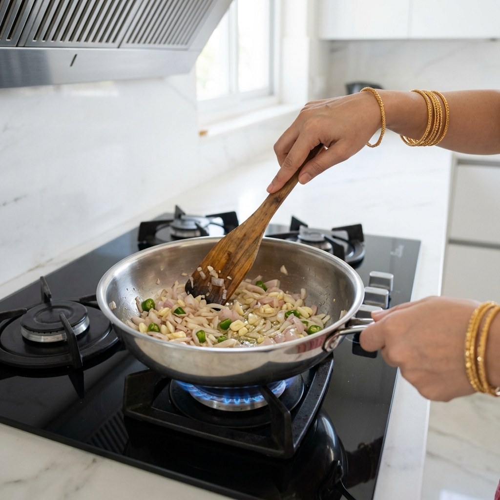 Stirring finely chopped onions, minced garlic, and sliced green chillies in kadhai