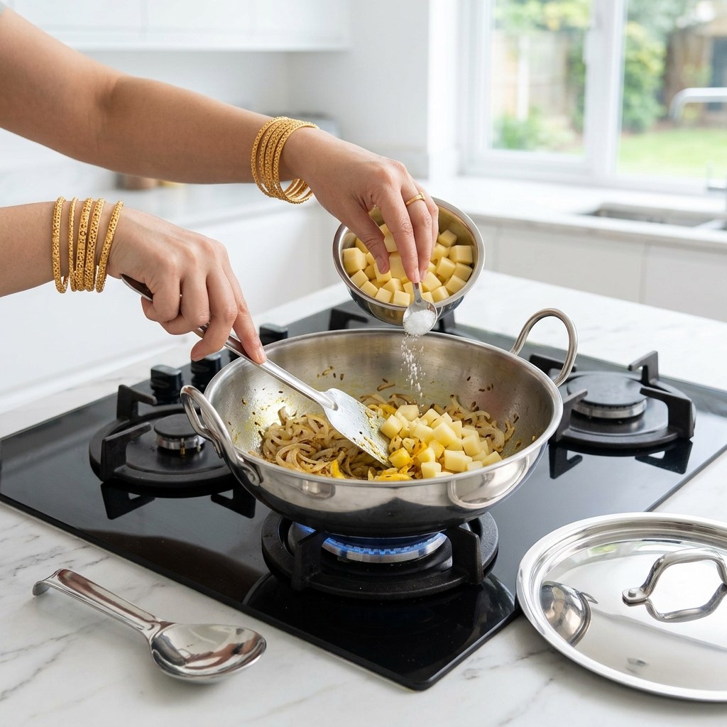 Adding drained potato cubes and salt into the kadhai, stirring with onions and covering with lid