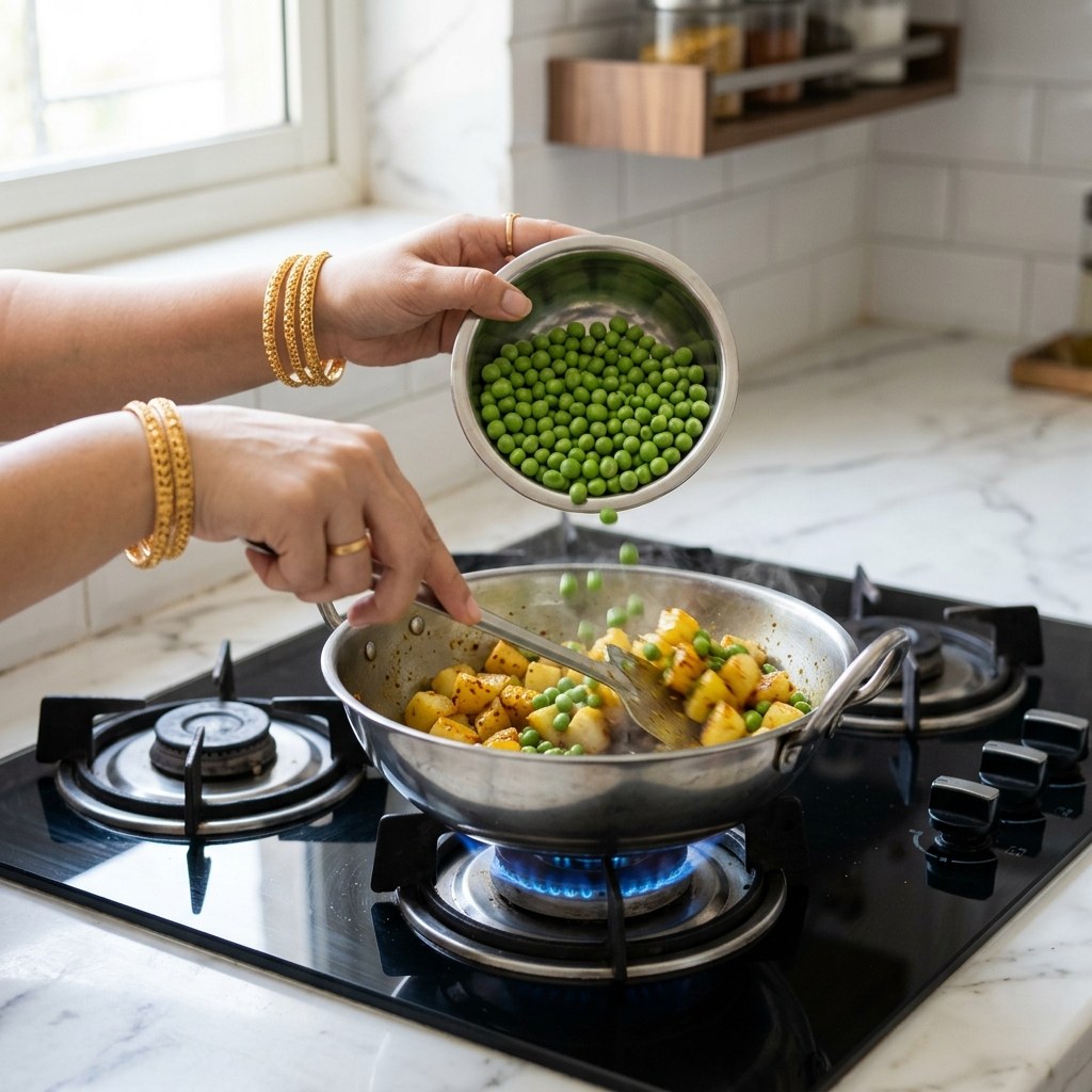 Pouring fresh vibrant green peas into the kadhai with half-tender potatoes over a lively blue gas flame