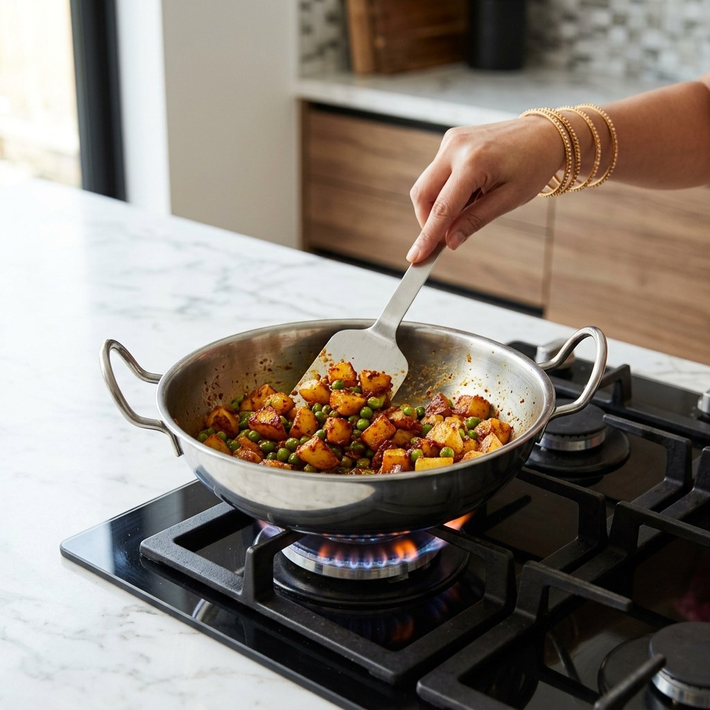 Roasting spiced potatoes and peas uncovered on medium-high flame until crisp golden edges form
