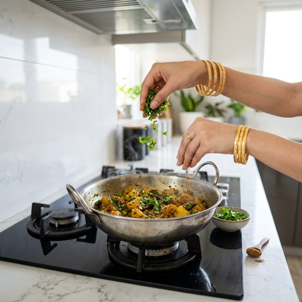 Garnishing hot roasted Sukhe Aloo Matar with fragrant garam masala and fresh green coriander