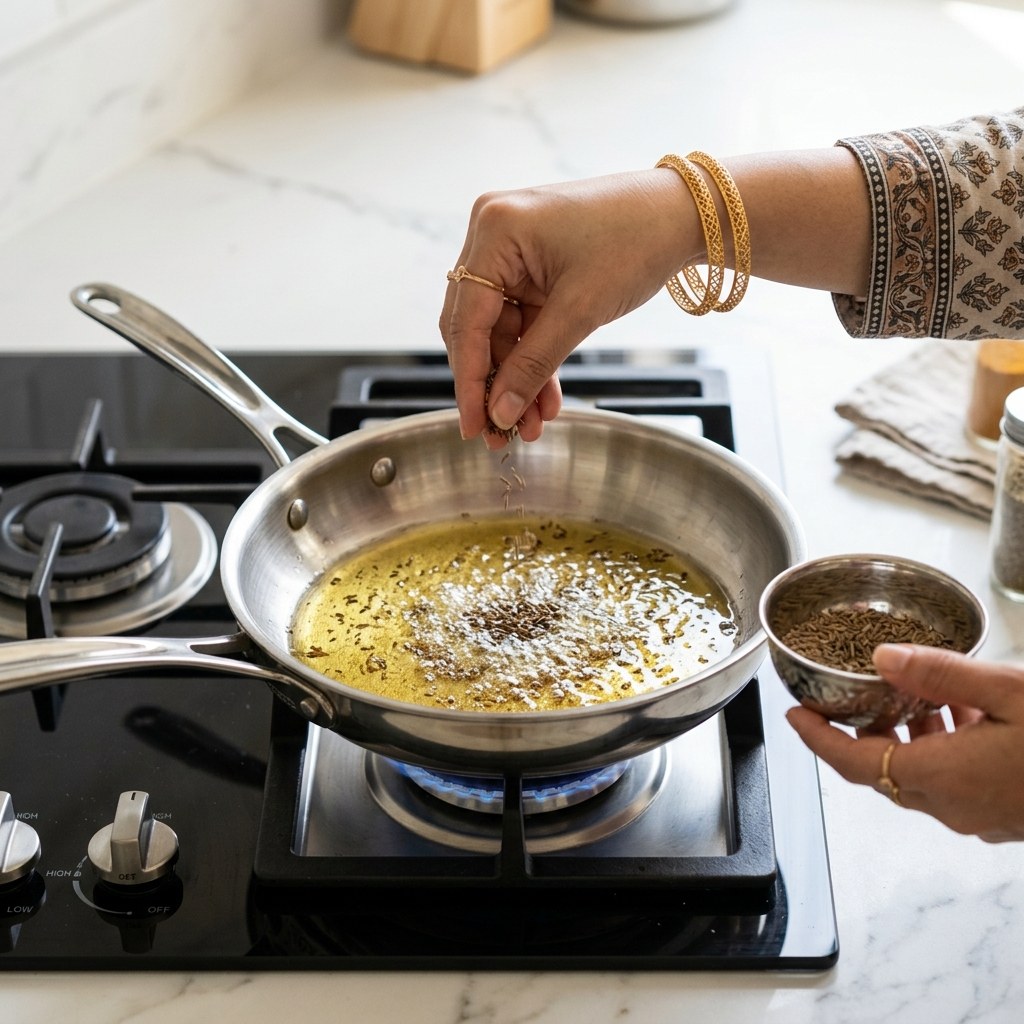 Sizzle Cumin Seeds in Hot Oil