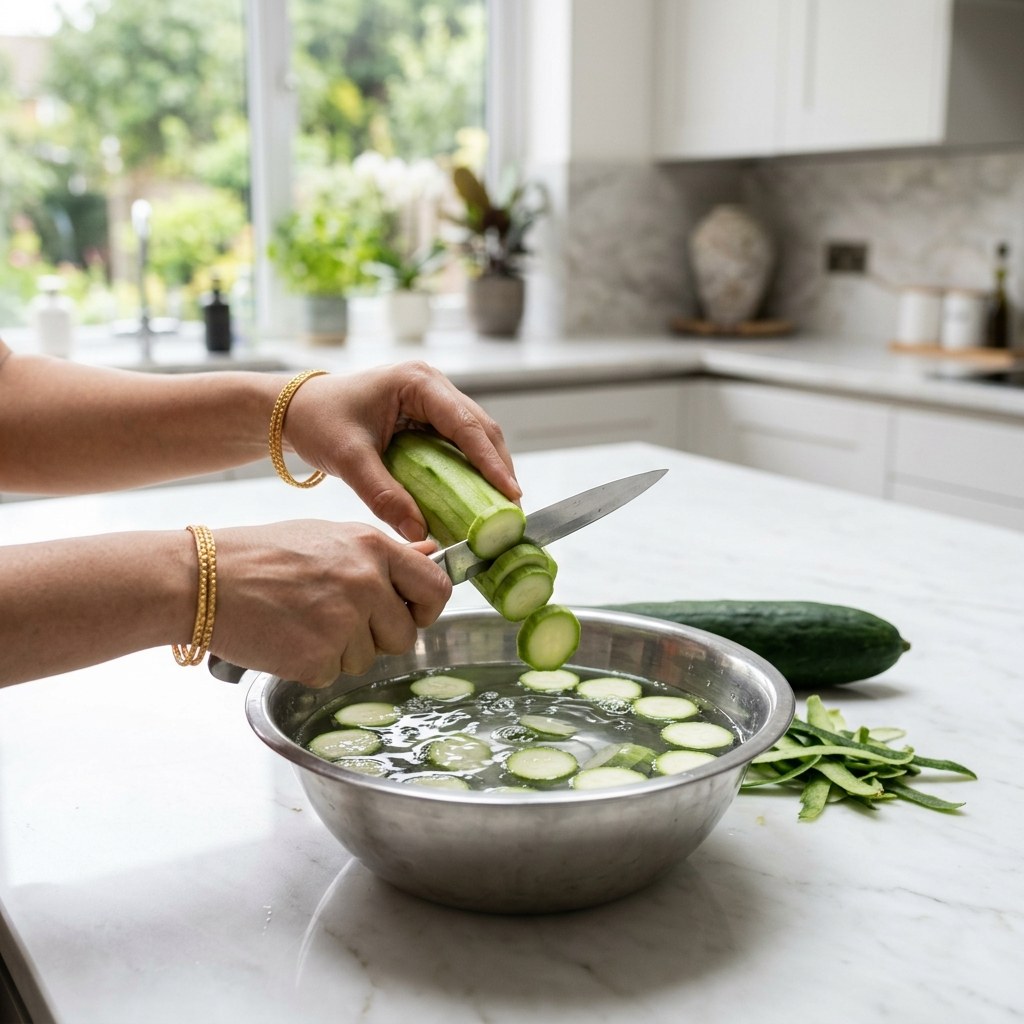 Washing, peeling, and cutting sponge gourd into round pieces directly into a bowl of cold water