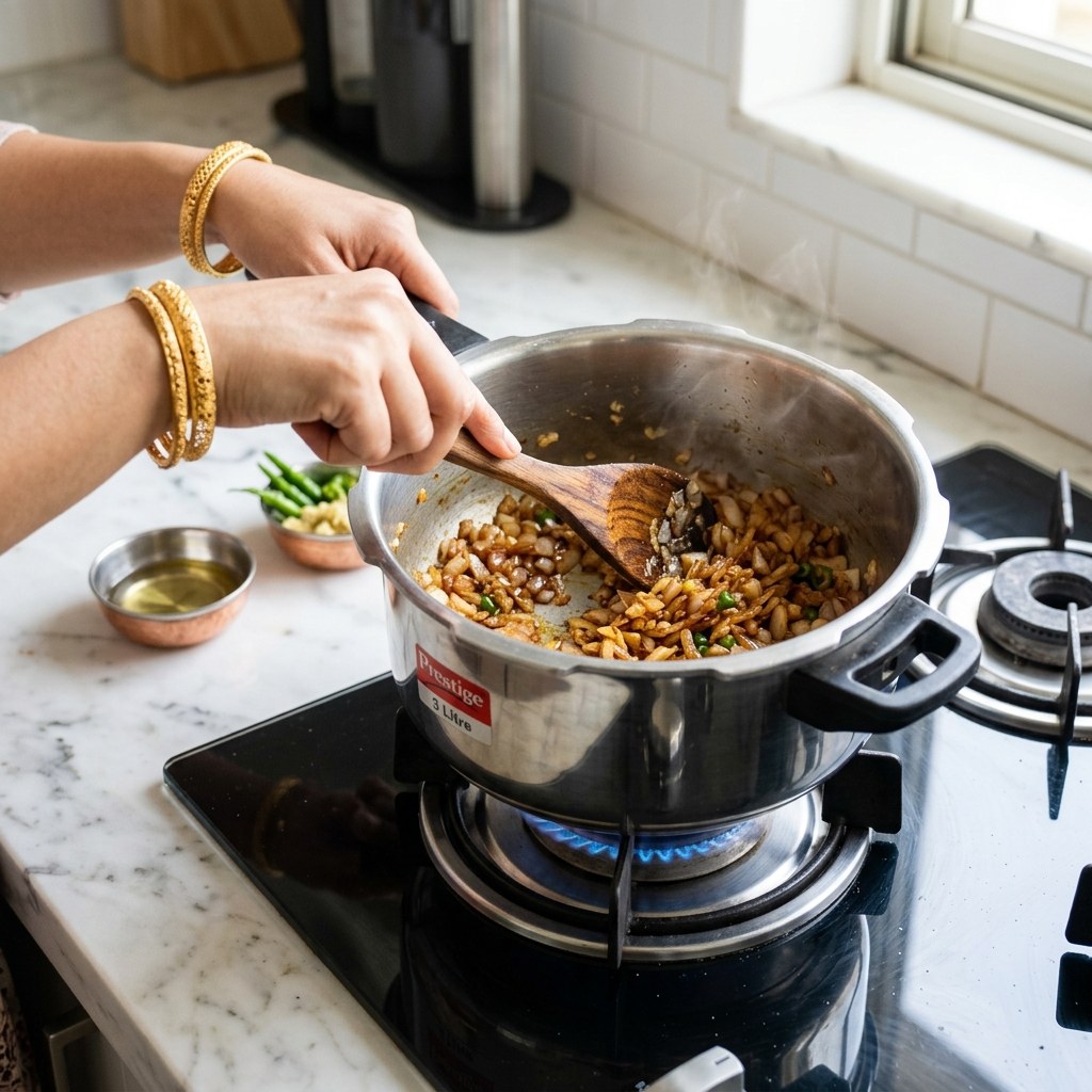 Sautéing finely chopped onions golden brown with ginger-garlic paste and green chillies in pressure cooker