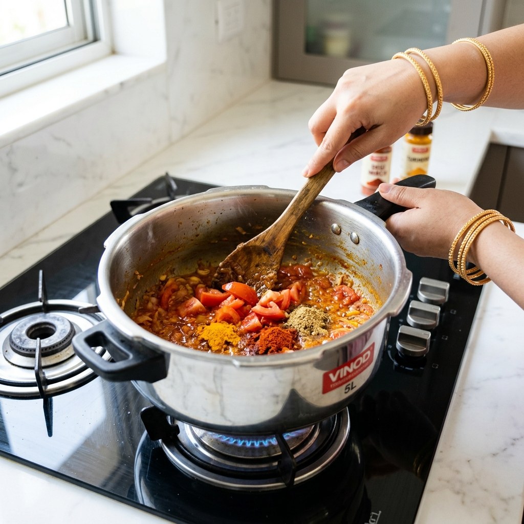 Adding chopped tomatoes, salt, turmeric, degi mirch, and coriander powder to sautéing masala