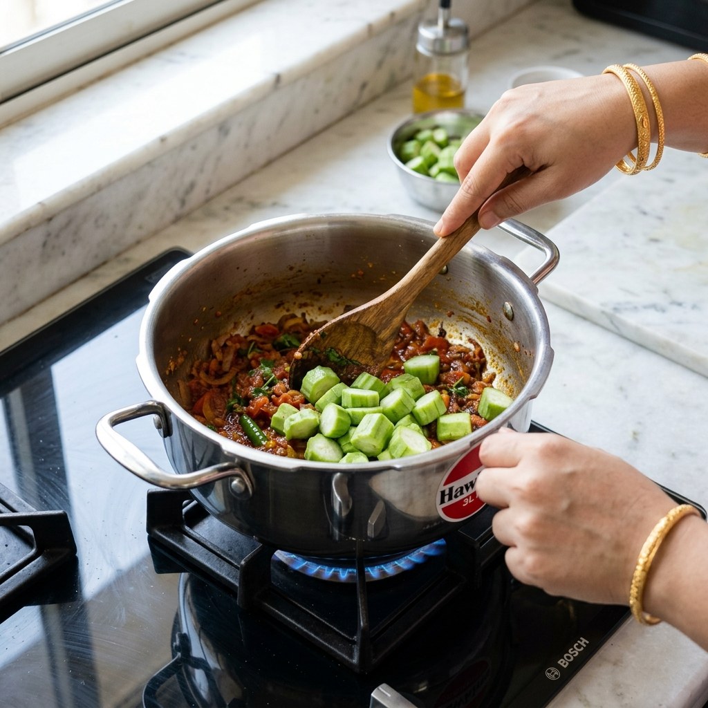 Adding drained fresh sponge gourd pieces into the sizzling tomato-onion masala