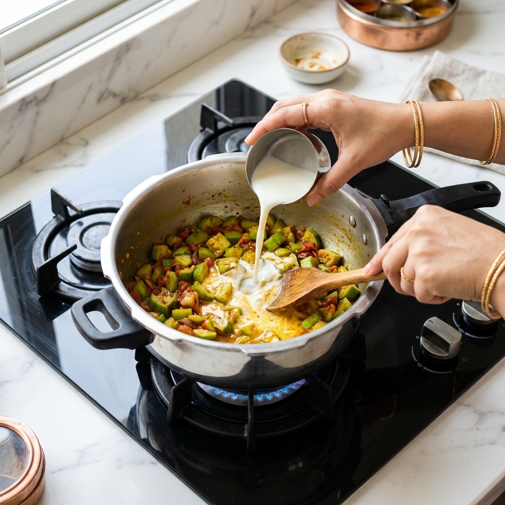 Pouring half cup fresh milk into the sautéed sponge gourd and stirring into a creamy sauce