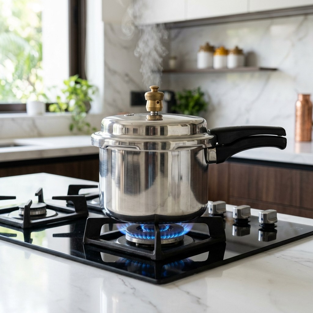 Pressure cooker closed tightly with locked lid and whistle weight cooking on gas flame