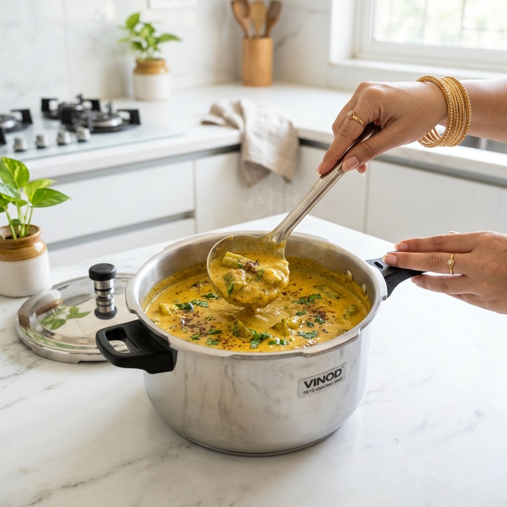 Open pressure cooker with ladle stirring tender Doodh Wali Turai garnished with fresh coriander